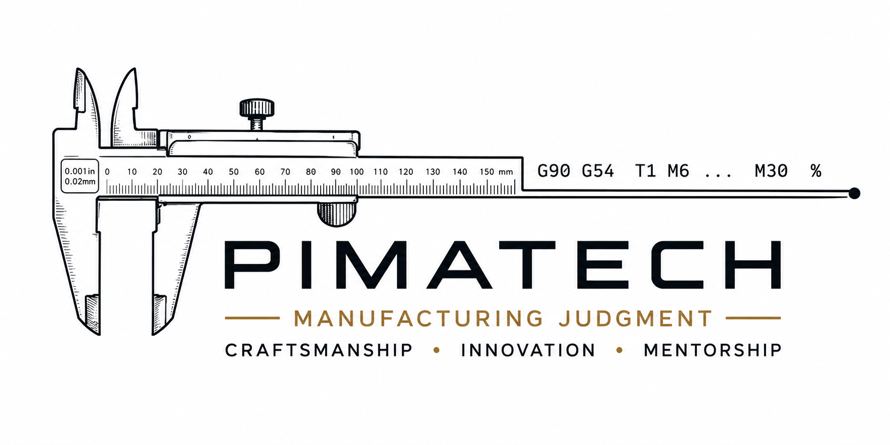 Pimatech logo: vernier caliper supporting G-code